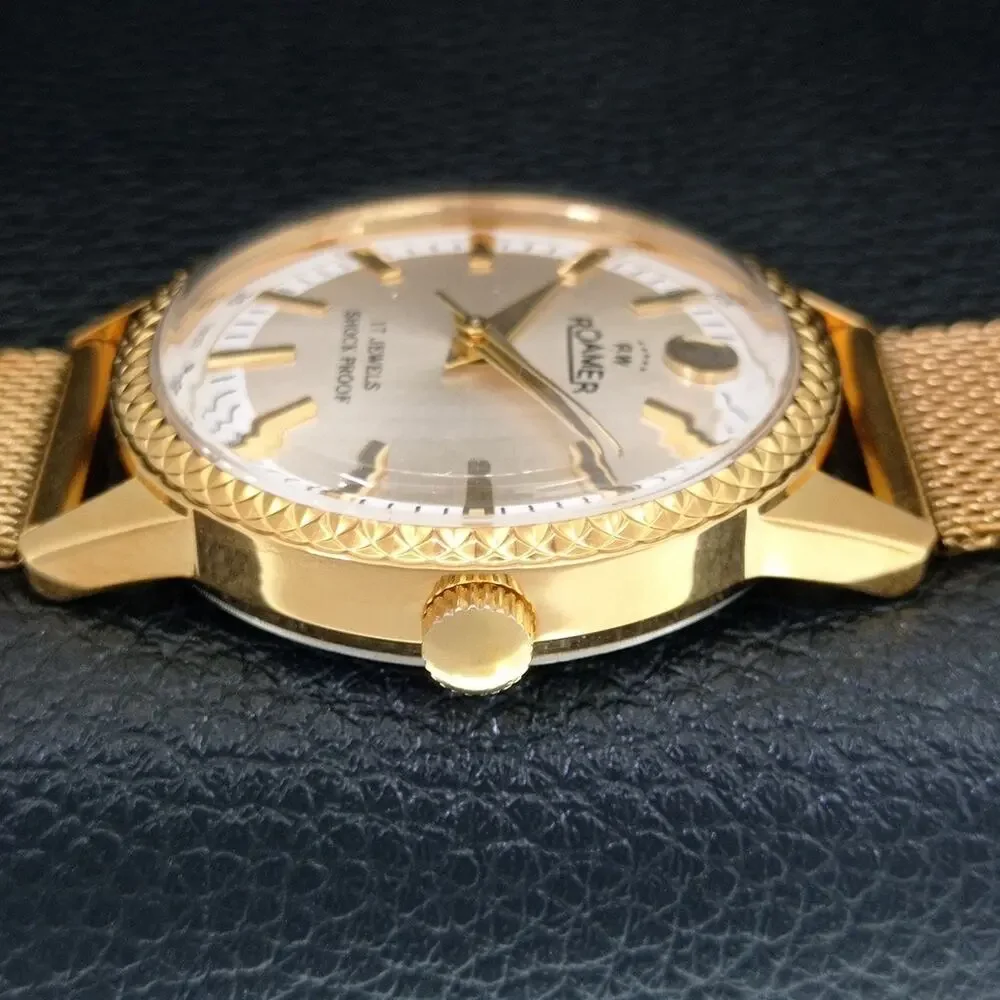 Vintage 1973 Roamer Manual Mens Gold Watch W/Metal Strap & Silver accents